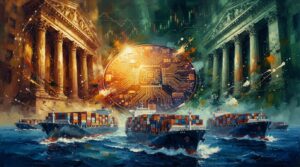 Oil painting collage of a glowing AI semiconductor wafer, Wall Street pillars, cargo ships, and painted stock charts.