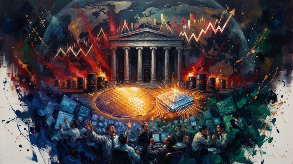 Oil painting collage of a glowing microchip, Wall Street inflation indicators, and tumbling Asian tech market charts.