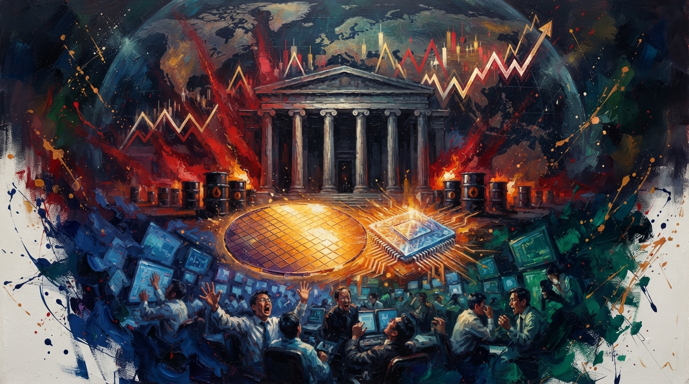 Oil painting collage of a glowing microchip, Wall Street inflation indicators, and tumbling Asian tech market charts.