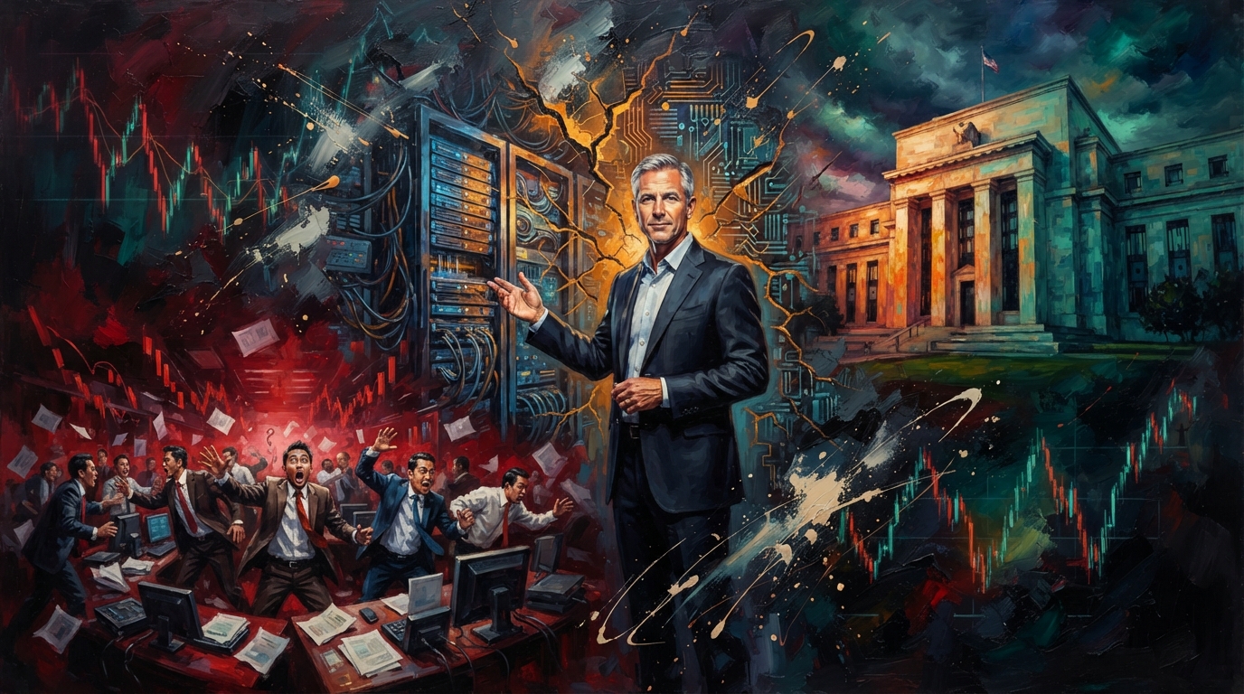 Oil painting collage of tech leaders, crashing Asian markets, and the Federal Reserve facing inflation volatility.