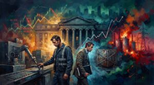 Oil painting of global markets reacting to weak US jobs, rising bond yields, and surging Eurozone energy inflation.