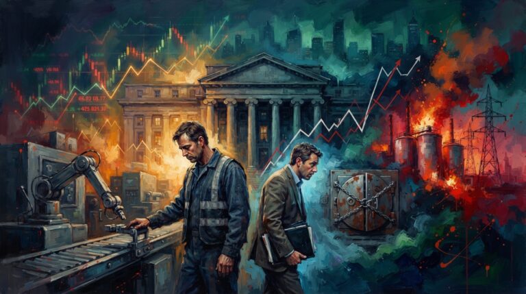 Oil painting of global markets reacting to weak US jobs, rising bond yields, and surging Eurozone energy inflation.