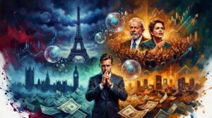 Oil painting depicting global financial tension, surging bond yields, AI bubble warnings, and Brazil's election runoff.