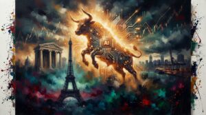 Oil painting collage of a rising tech bull clashing with stormy European debt shadows and glowing market charts.