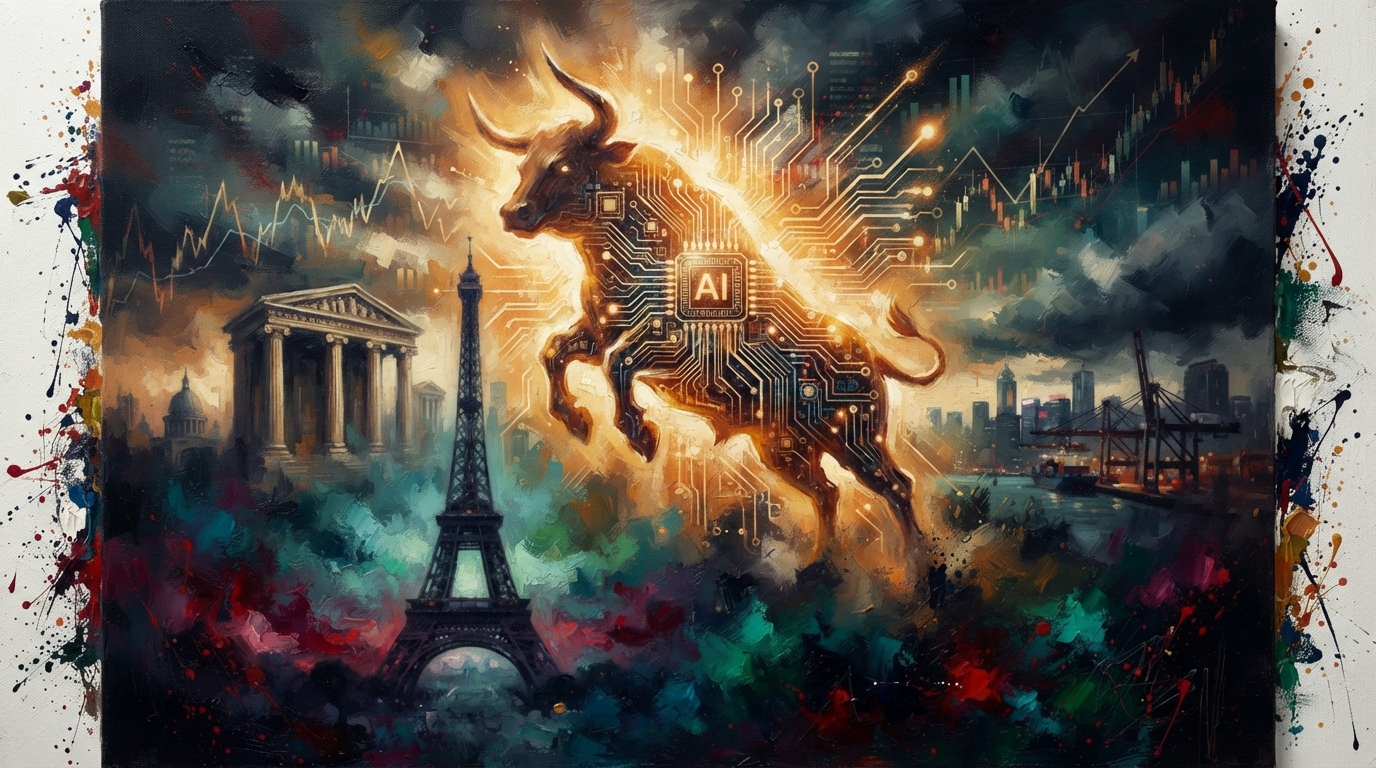 Oil painting collage of a rising tech bull clashing with stormy European debt shadows and glowing market charts.