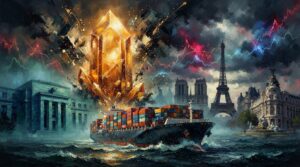 Oil painting of a tech market rally, massive cargo ship, and European capitals amid shifting global interest rates.
