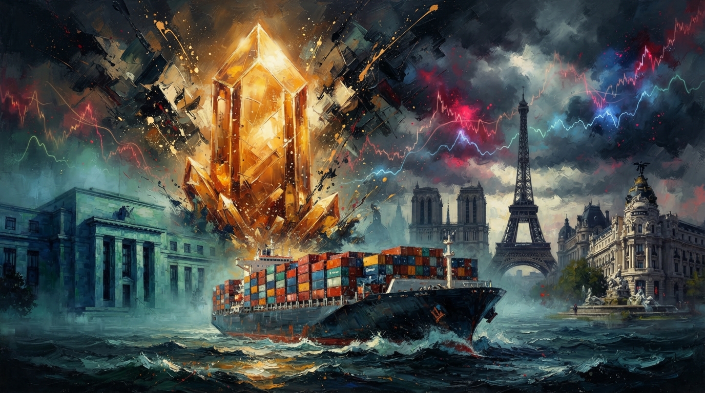 Oil painting of a tech market rally, massive cargo ship, and European capitals amid shifting global interest rates.