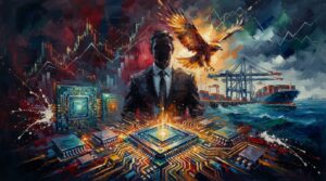 Artistic oil collage of Fed rate hike tensions, struggling German trade shipping, and glowing tech memory microchips.