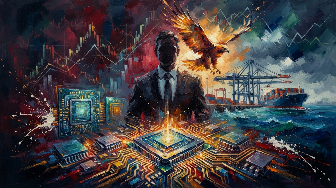 Artistic oil collage of Fed rate hike tensions, struggling German trade shipping, and glowing tech memory microchips.