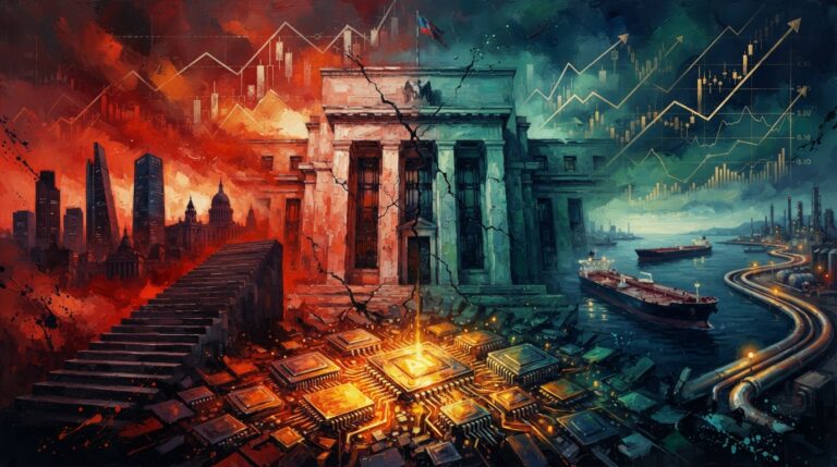 Oil painting collage of global financial markets, surging bond yields, glowing AI silicon chips, and crude oil tankers.