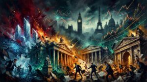 Oil painting of global market volatility, surging sovereign bond yields, and falling tech equities.