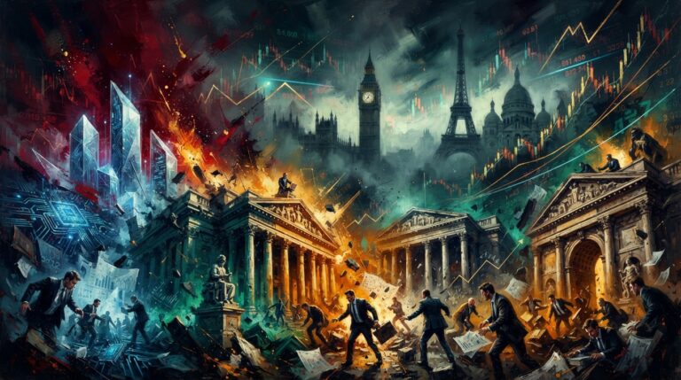 Oil painting of global market volatility, surging sovereign bond yields, and falling tech equities.