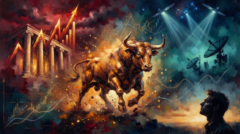Oil painting of a charging Wall Street bull amid soaring bond yields, satellite tech disruption, and shifting markets.