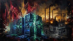 Oil painting collage of tumbling semiconductor chips, AI data centers, and Chinese industrial smokestacks.