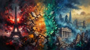 Oil painting collage of surging bond yields, Wall Street tech recovery, and European economic tensions.