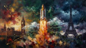 Oil painting collage of a rising rocket, London and Paris landmarks, and subtle glowing financial market charts.