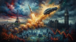 Oil painting depicting Tesla-SpaceX merger talks alongside French bond turmoil and Asian tech market declines.