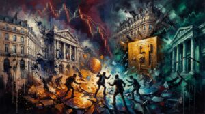 Oil painting collage of a global market retreat, showing tech downturn, European debt strain, and falling stock lines.